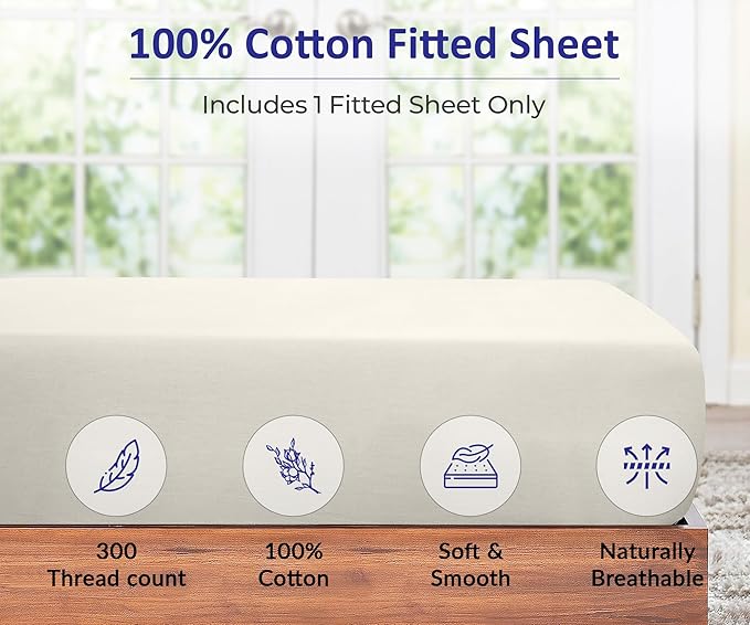 ROYALE LINENS 300 Thread Count 100% Long Staple Combed Cotton Fitted Sheet California King - Super Soft Deep Pocket Bottom Sheet - Fitted Sheets Only - Elastic Sheets (Cal King, Cream)