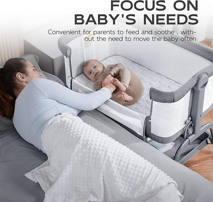 BabyBond Baby Bassinet, 3 in 1 Bassinet Bedside Sleeper with Washable Soft Mattress and Sheet, 6 Height Adjustable Bedside Crib, 4-Sided Mesh Bedside Bassinet for Baby